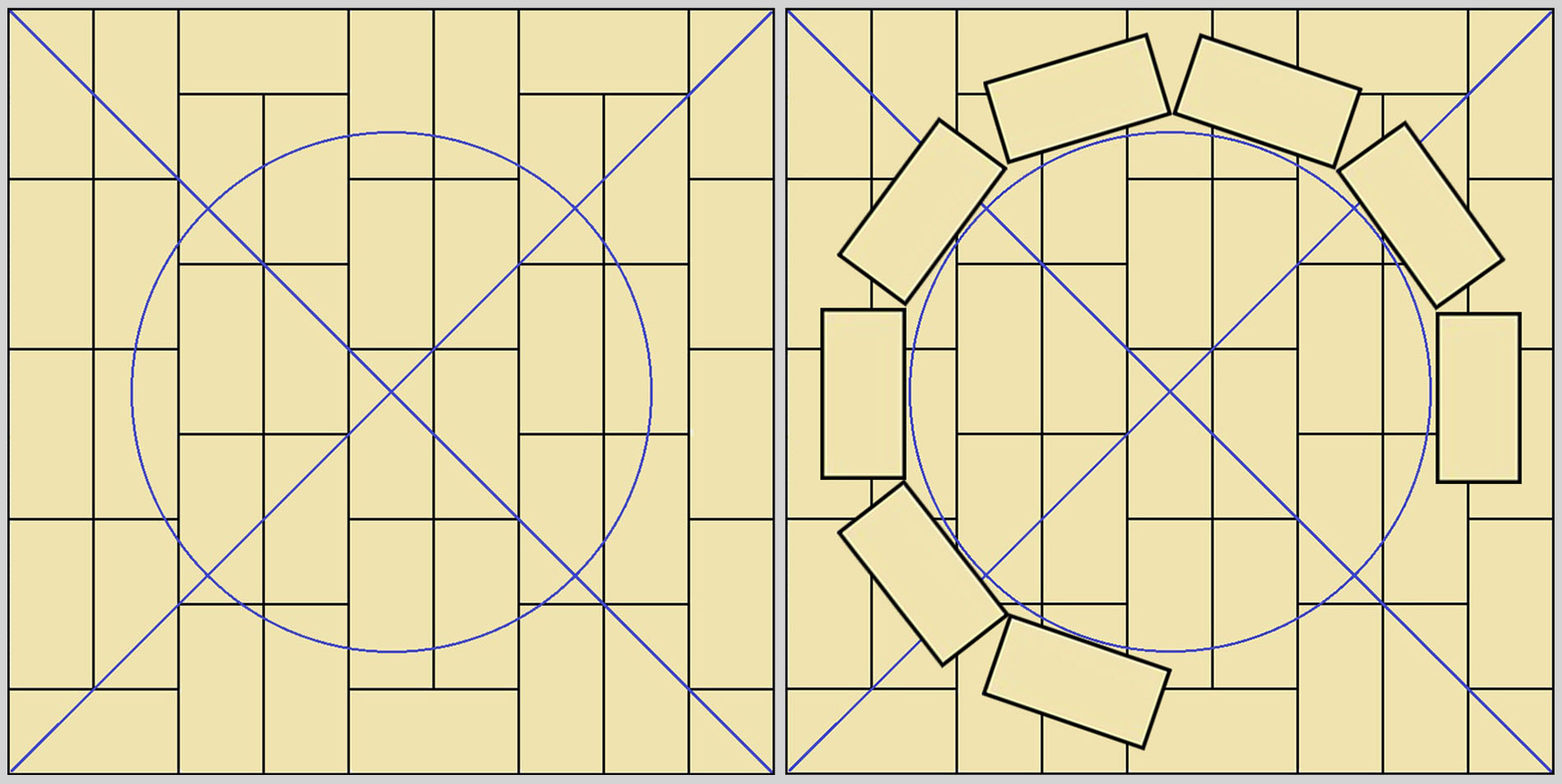 Схема разметки и укладки первого ряда кирпичей круглого кострища.