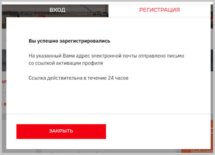 Скриншот окна входа с подтверждением, что форма принята.