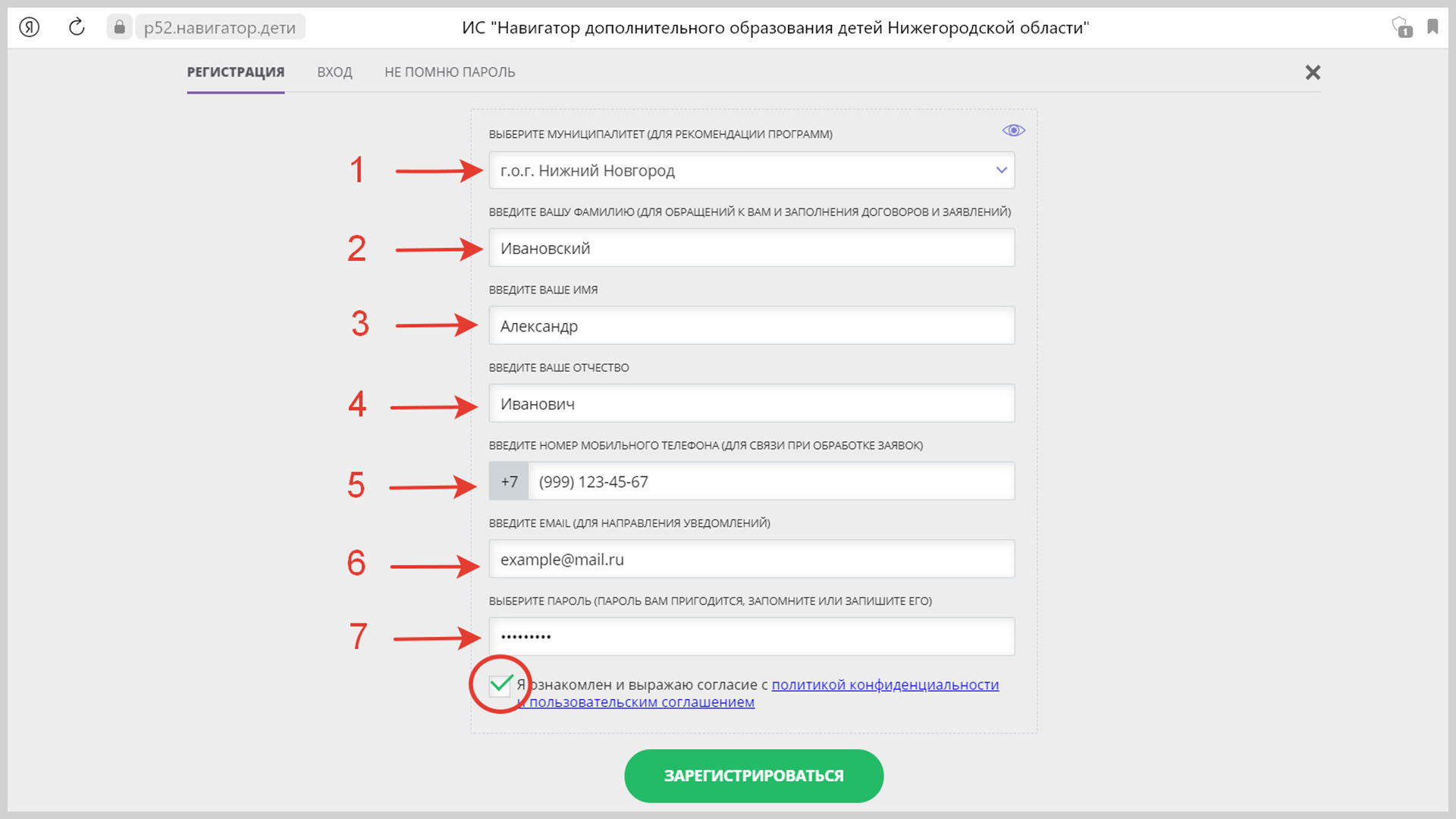 Скриншот регистрационной формы на сайте Навигатор ДОД.
