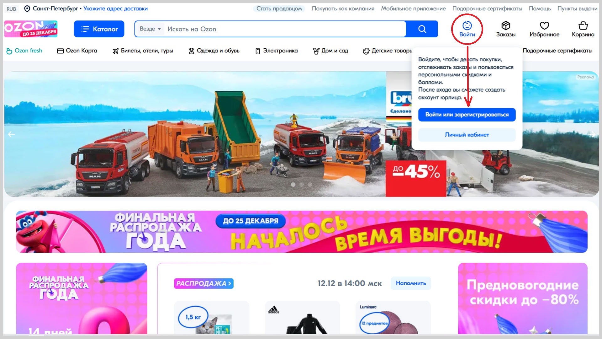 Скриншот главной страницы интернет-магазина «Ozon».