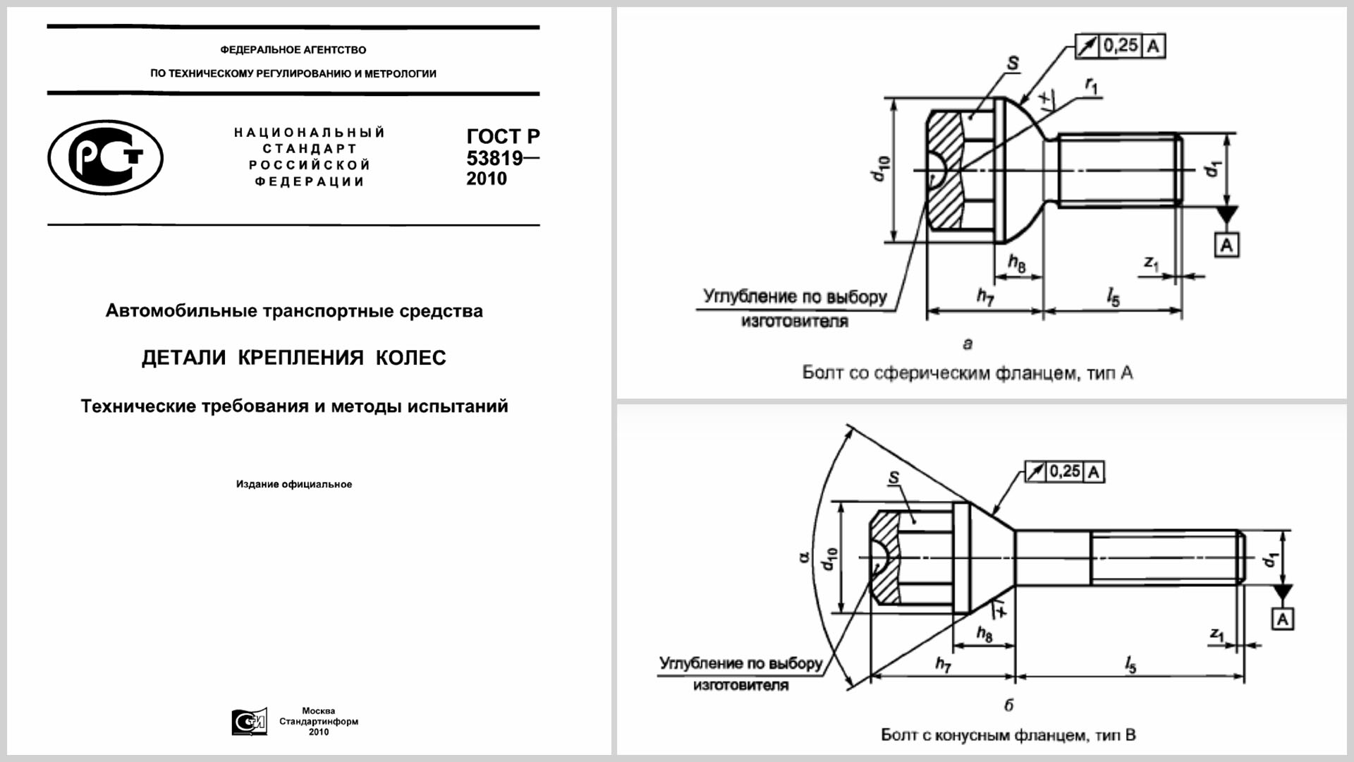 Фрагмент ГОСТа регламентирующего требования к деталям крепления колёс и чертежи болтов.